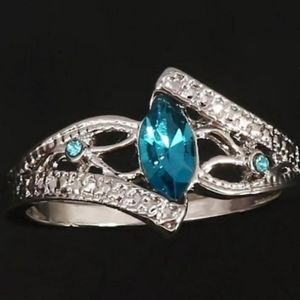 Blue Topaz Marquis Cut Gemstone White Gold Plated Ring